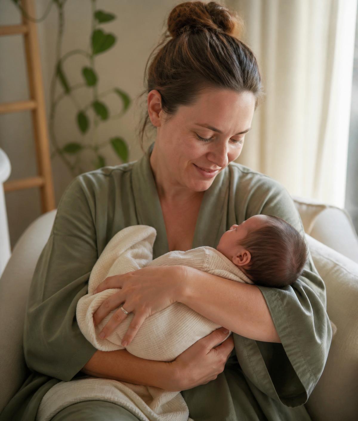 A new mother gently holding her newborn
